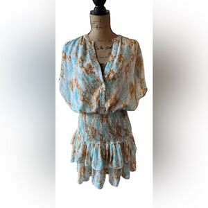 Haha abstract leopard floral print cap sleeve smocked mini dress.